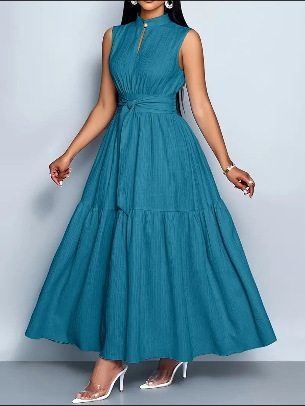 Sleeveless Teal Maxi Dress with Tie Waist - Size 12